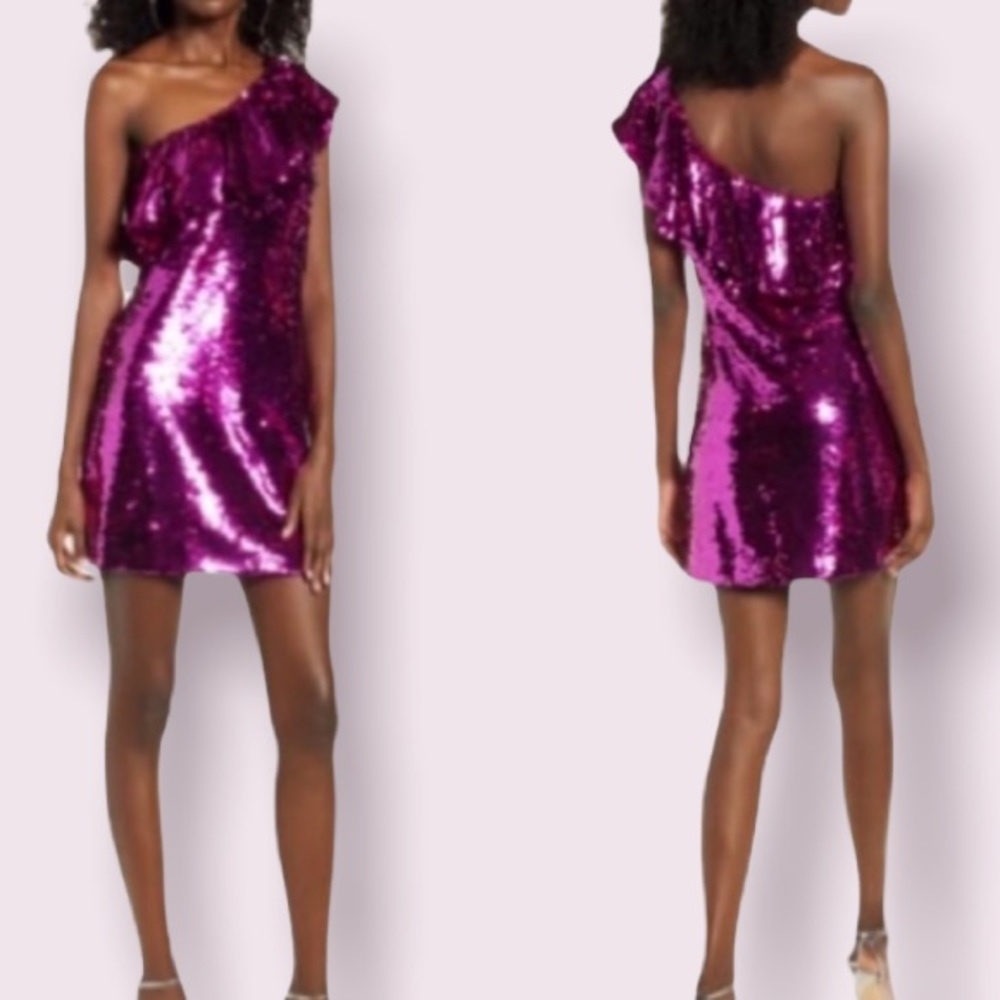 Leith Sequin Ruffle One-Shoulder Sheath Dress in Fuchsia